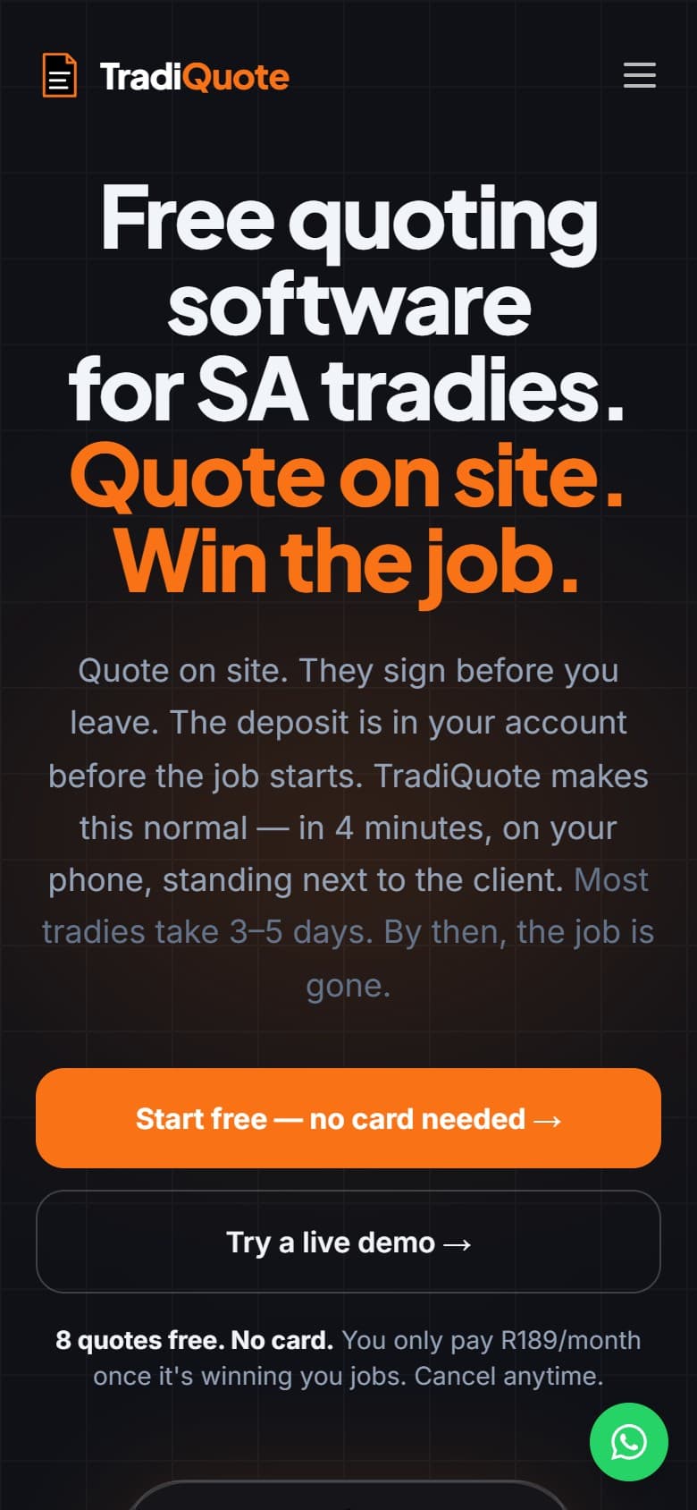 TradiQuote on a phone — quoting software for SA tradespeople